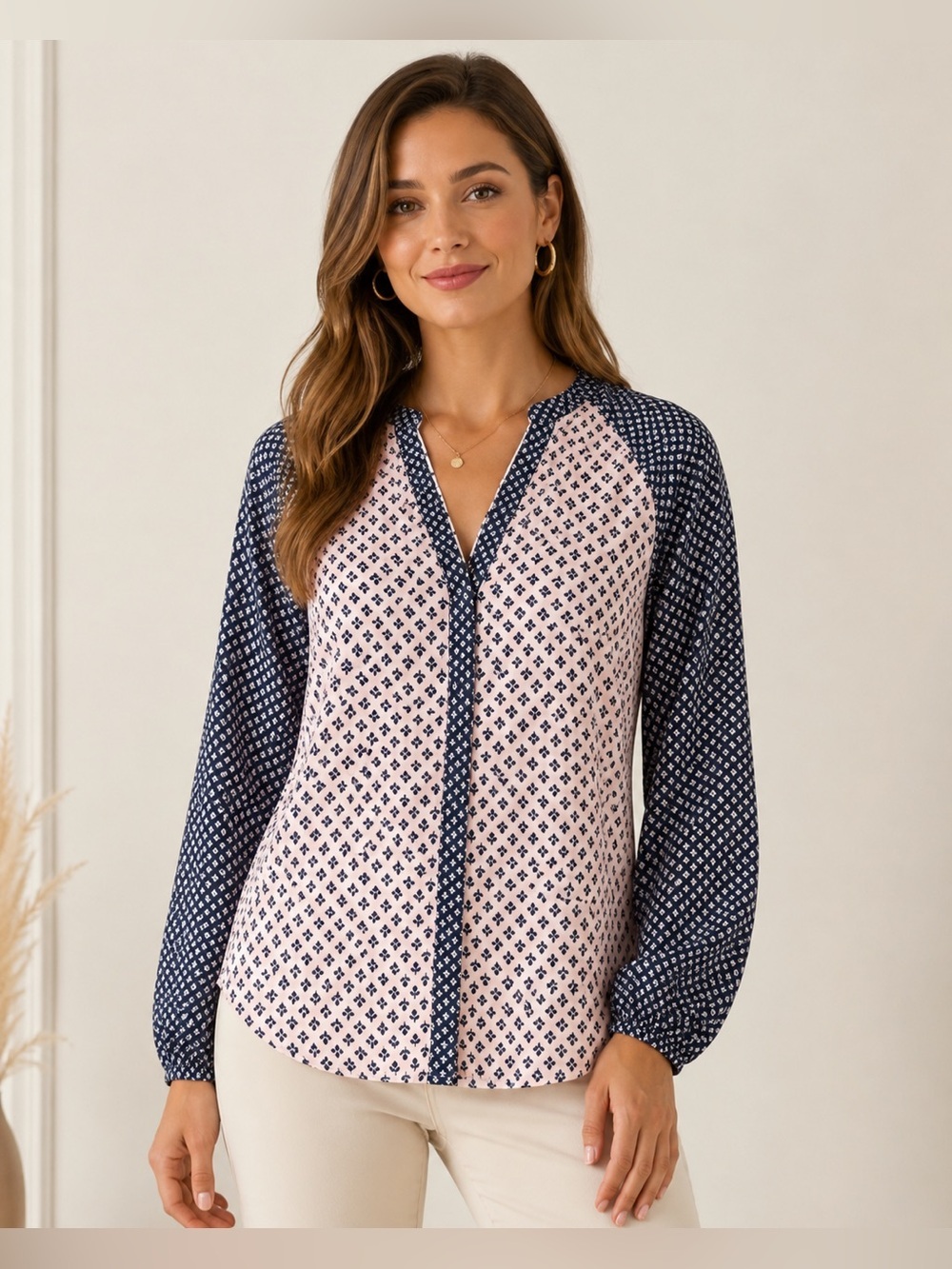 Boden Pink Navy Floral Print Long Sleeve Blouse US 10